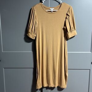 Daily Ritual Puff Sleeve Stretch Midi Dress Dark Yellow Small Minimal Lagenlook